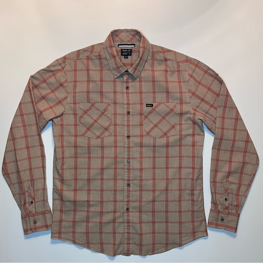 Men’s RVCA Plaid Beige Button Down Collared Long Sleeve Shirt 100% Cotton Sz. M